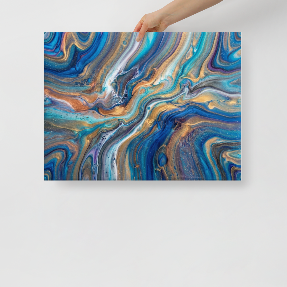'Sapphire Waves' — a Abstract art print. Elegant blue and gold fluid abstract waves, perfect for a Living Room.