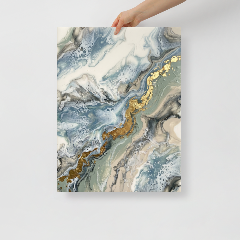 'Golden Fracture' — a Abstract art print. A calming light blue and white abstract artwork with a jagged gold fracture, perfect for a Bathroom.