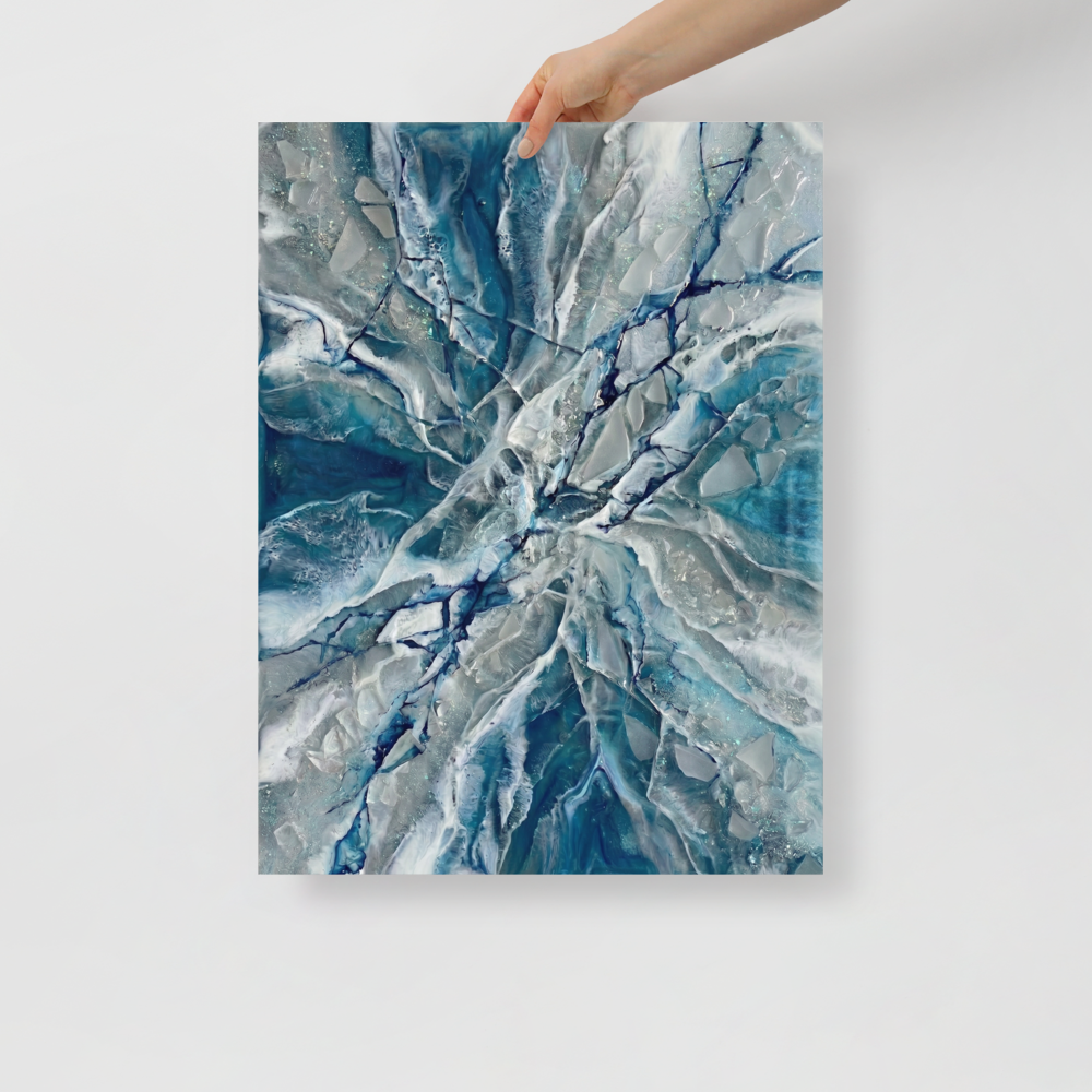 'Shattered Frost' — a Abstract art print. A striking blue and white abstract artwork resembling shattered ice, perfect for a Bathroom.