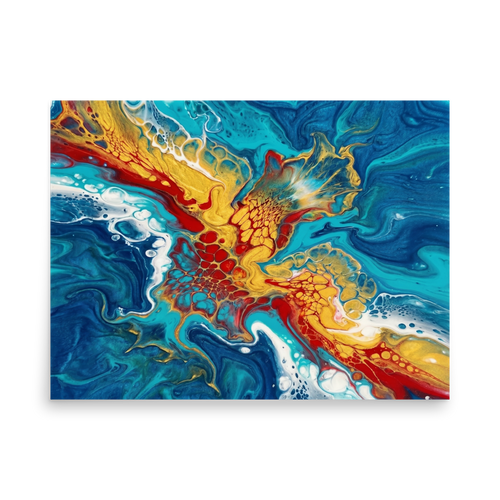 'Crimson Splash' — a Abstract art print. A vibrant red, gold, and blue fluid abstract artwork, perfect for a Living Room.