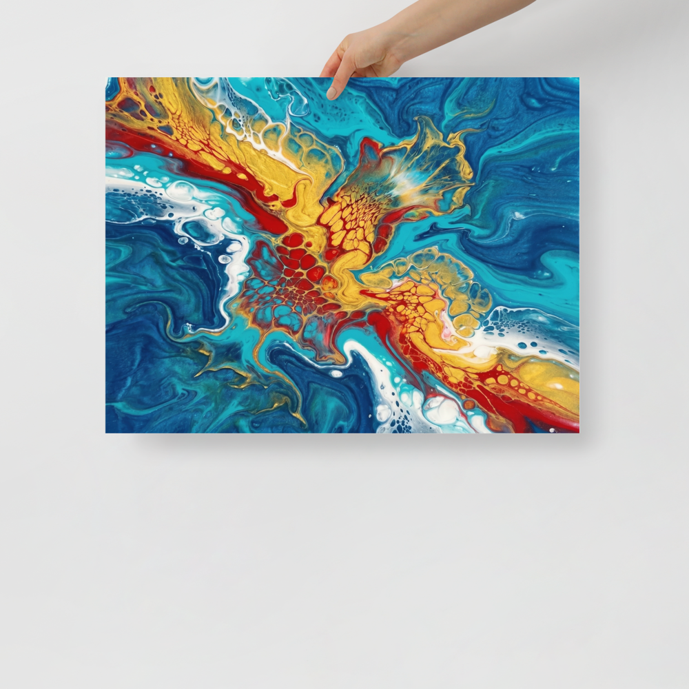 'Crimson Splash' — a Abstract art print. A vibrant red, gold, and blue fluid abstract artwork, perfect for a Living Room.