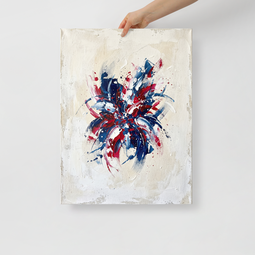 'Patriotic Burst' — a Abstract expressionism print. An abstract painting featuring an explosive burst of red, white, and blue paint on a beige background, perfect for a modern living room.