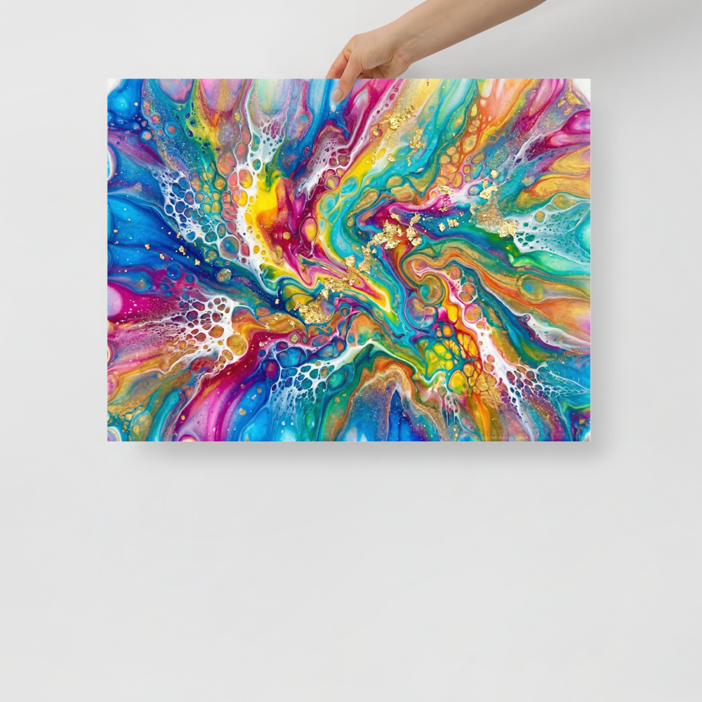 'Rainbow Burst' — a Abstract art print. A highly colorful rainbow abstract artwork with gold flakes, perfect for a Game Room.