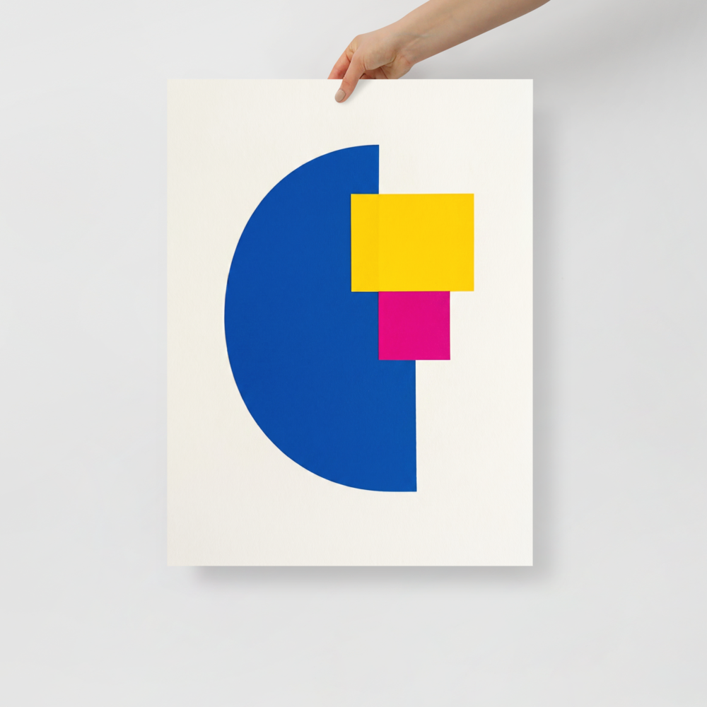 'Primary Intersection' — a Geometric abstract art print. Geometric abstract artwork showing a blue semi-circle, yellow rectangle, and magenta square arranged on a white background, perfect for a modern office.