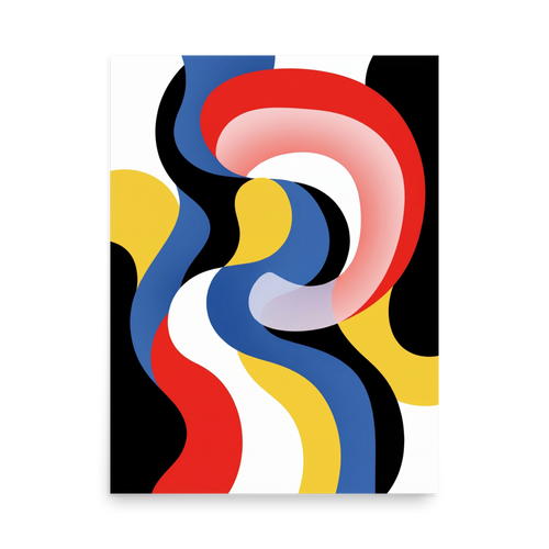 'Chromatic Flow' — a Op Art print. Abstract digital artwork featuring flowing, overlapping wavy bands in red, blue, yellow, black, and white.