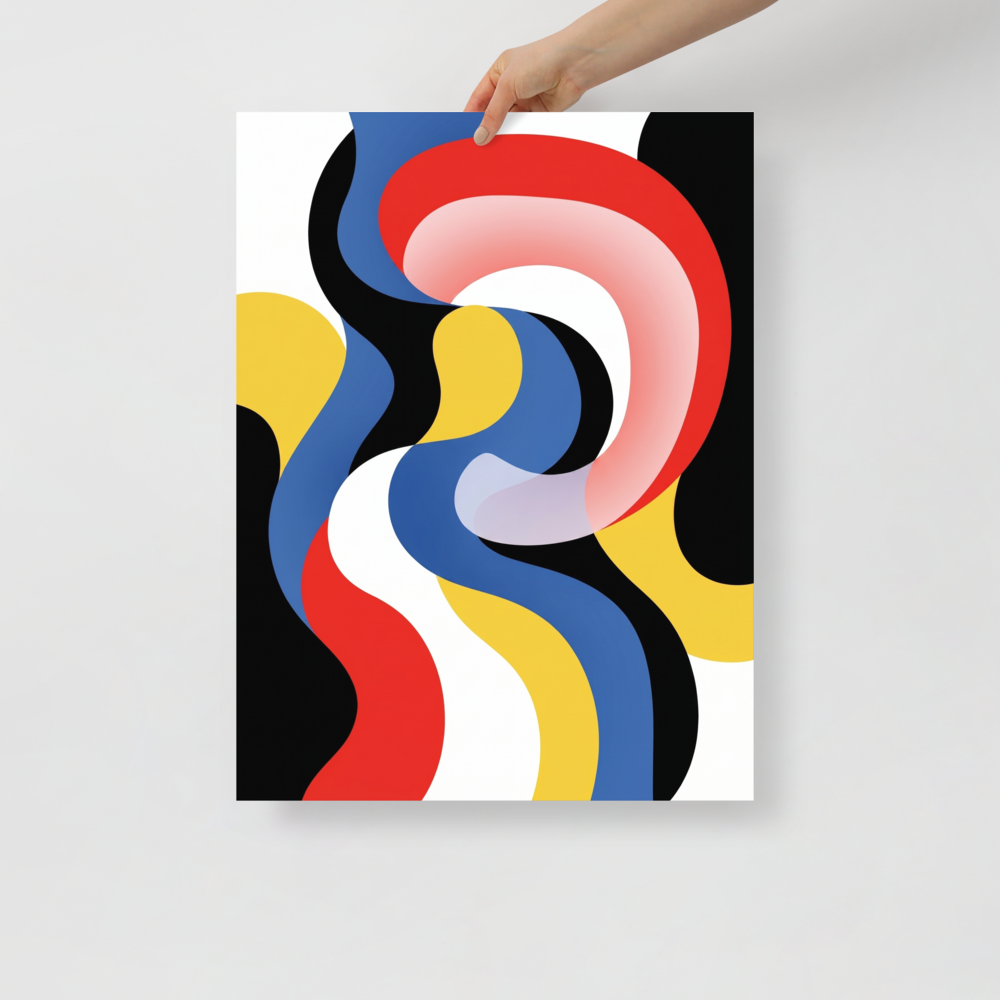 'Chromatic Flow' — a Op Art print. Abstract digital artwork featuring flowing, overlapping wavy bands in red, blue, yellow, black, and white.