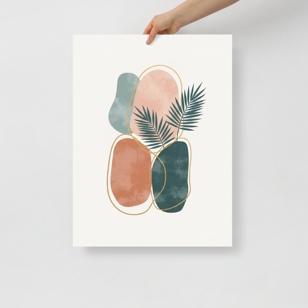'Tropical Abstract Harmony' — a Minimalism print. Minimalist abstract art featuring organic shapes in blush, terracotta, and green, accented with gold lines and palm leaves.