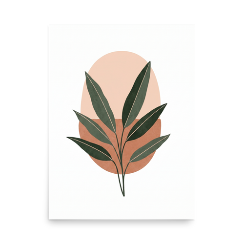 'Botanical Horizon' — a Minimalism print. Minimalist art featuring a dark green leafy branch over a peach and terracotta oval background, perfect for a cozy entryway.