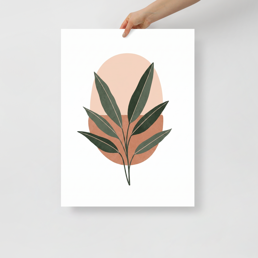 'Botanical Horizon' — a Minimalism print. Minimalist art featuring a dark green leafy branch over a peach and terracotta oval background, perfect for a cozy entryway.