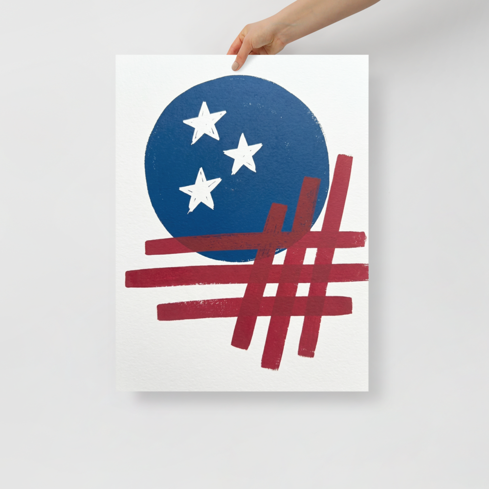 'Patriotic Abstraction' — a Abstract art print. Minimalist patriotic art featuring a blue circle with three white stars and intersecting red brushstrokes on a white background.