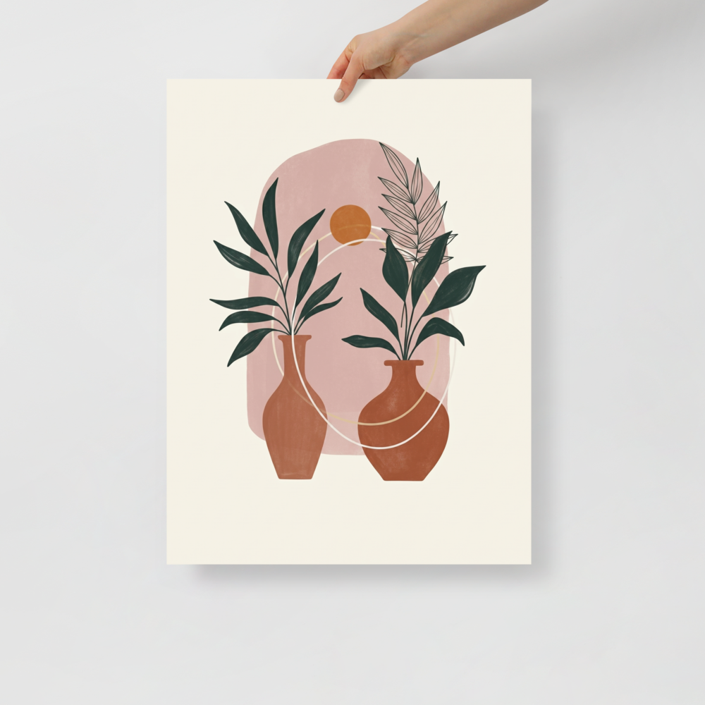 'Desert Oasis Botanicals' — a Minimalism print. Minimalist boho art featuring terracotta vases with green plants against a dusty pink arch and a small orange sun.