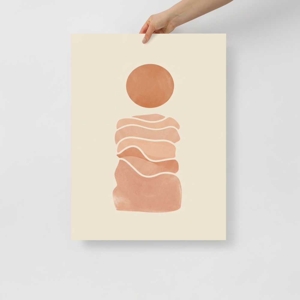 'Desert Sun Reverie' — a Minimalism print. Minimalist abstract landscape featuring wavy terracotta layers and a burnt orange sun on a beige background.