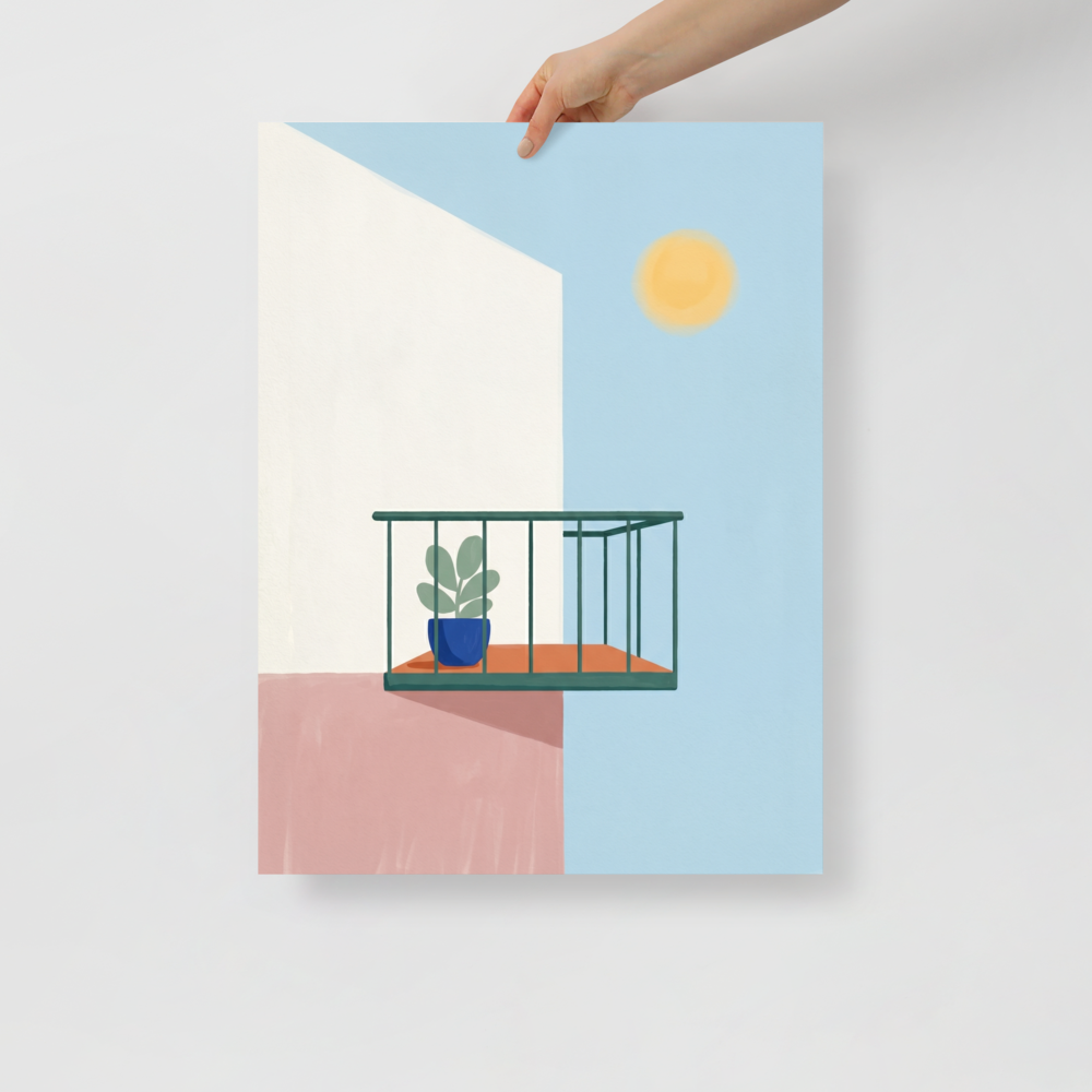 'Sunlit Balcony' — a Minimalism print. Minimalist architectural illustration of a green balcony with a potted plant against white and pink walls under a bright yellow sun.