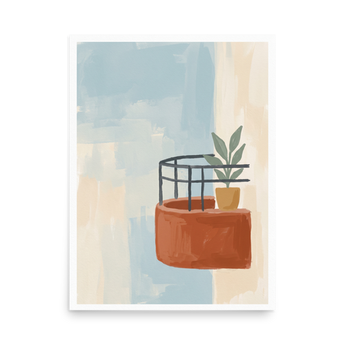 'Balcony Impression' — a Abstract art print. Abstract painting of a terracotta balcony with a potted plant against a soft blue and beige background.