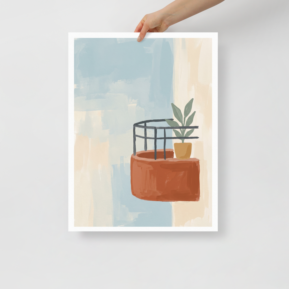 'Balcony Impression' — a Abstract art print. Abstract painting of a terracotta balcony with a potted plant against a soft blue and beige background.