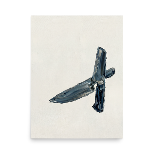 'Culinary Precision' — a Minimalism print. Minimalist impasto painting of two crossed chef's knives in dark grey and silver against an off-white background.