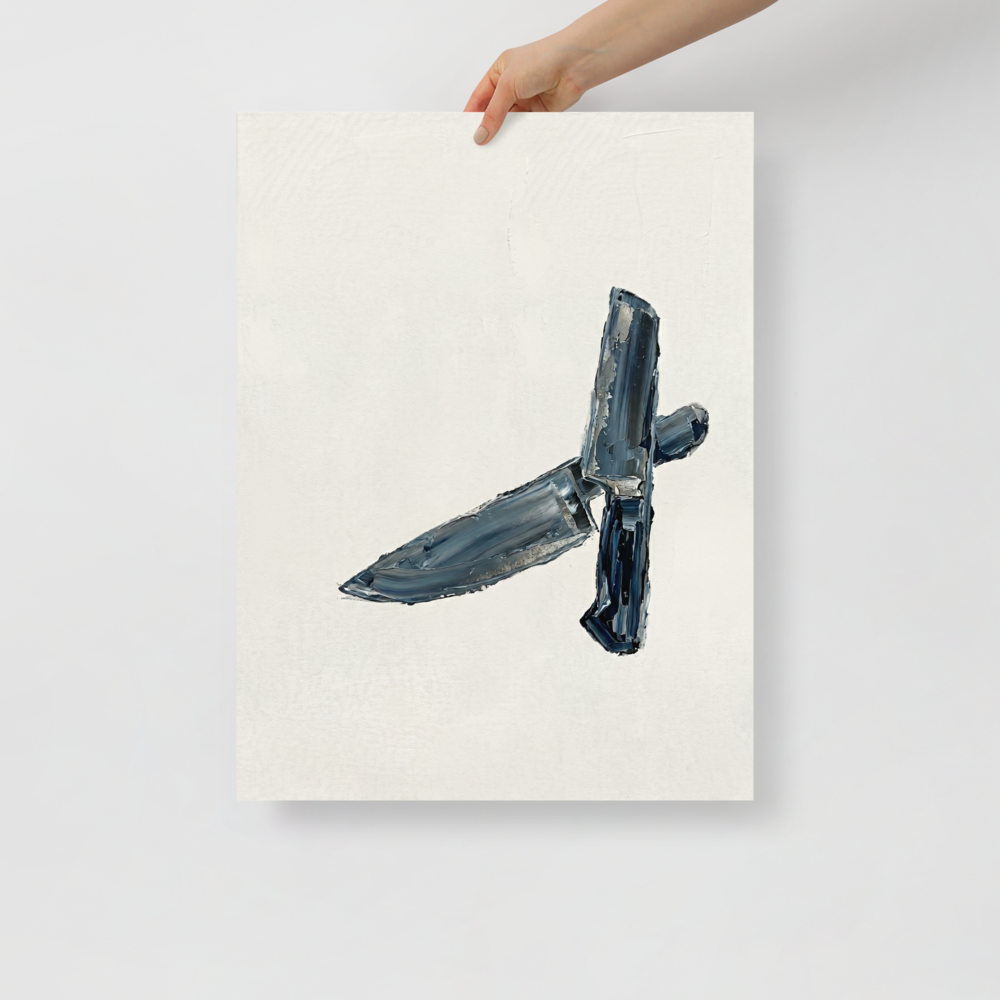 'Culinary Precision' — a Minimalism print. Minimalist impasto painting of two crossed chef's knives in dark grey and silver against an off-white background.