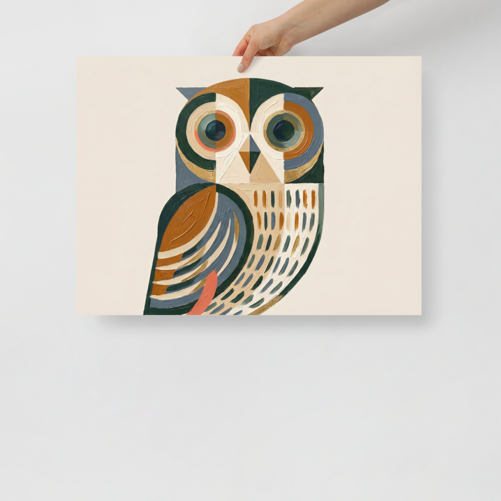 'Geometric Owl' — a Minimalism,Cubism print. An abstract geometric painting of an owl with large circular eyes, rendered in thick brushstrokes of green, brown, grey, and gold against a beige background. Perfect for a modern office.