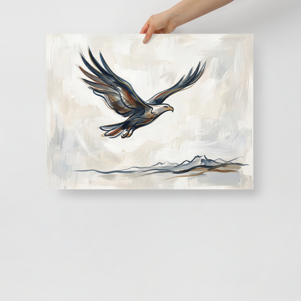 'Soaring Eagle' — a Minimalism,Lyrical abstraction print. A minimalist painting of an eagle in flight, created with bold, sweeping strokes of blue and brown over a subtle mountain outline, suitable for a serene living room.