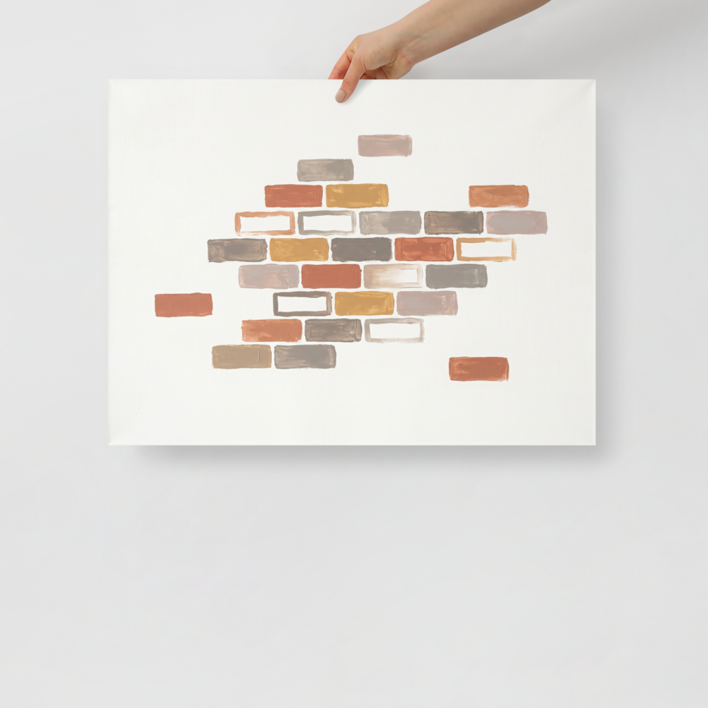 'Floating Foundations' — a Minimalism,Geometric abstract art print. A minimalist abstract painting featuring scattered rectangular brick-like shapes in terracotta, grey, and ochre against a solid white background, ideal for a modern living room.