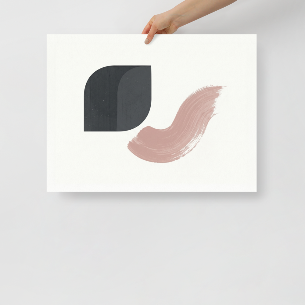 'Geometric Blush' — a Minimalism,Geometric abstract art print. A minimalist abstract painting featuring a solid dark grey rounded geometric shape and a swooping dusty pink brushstroke on a textured white background. Excellent for a modern bedroom.