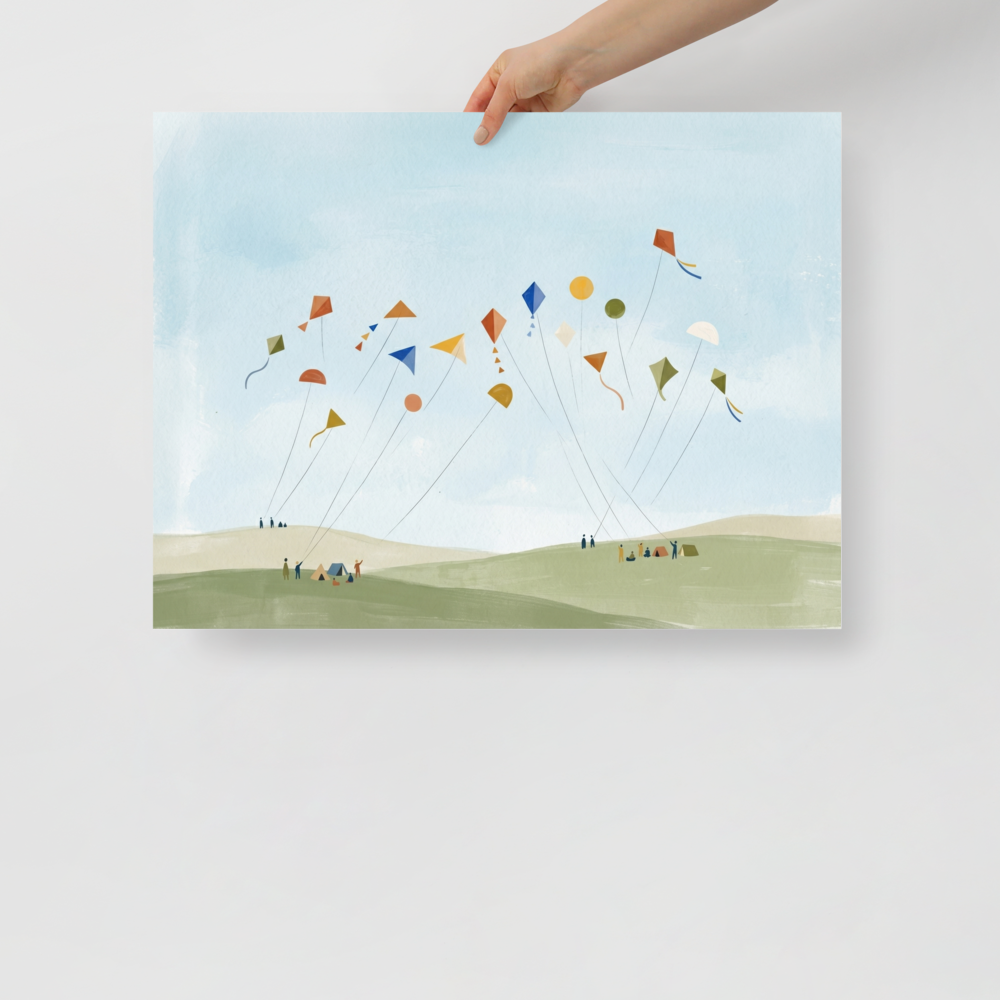 'Kite Festival' — a Minimalism,Naive art print. A playful minimalist painting showing numerous colorful geometric kites flying high in a light blue sky, held by tiny figures on soft green and beige hills. Perfect for a nursery or playroom.