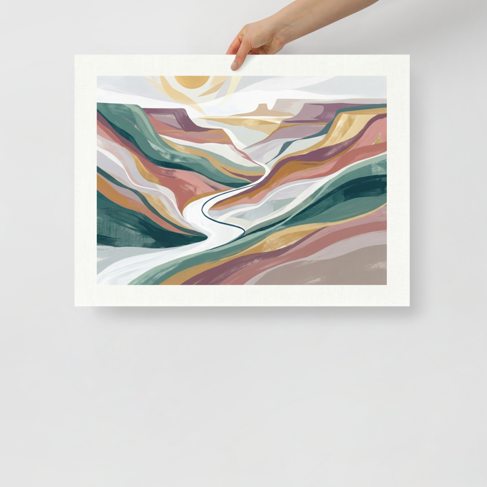 'Winding Valley' — a Minimalism,American Scene Painting print. An abstract minimalist painting of a canyon valley with layered colorful bands of teal, mauve, and ochre, with a winding white river under a bright sun. Perfect for a calming living room.
