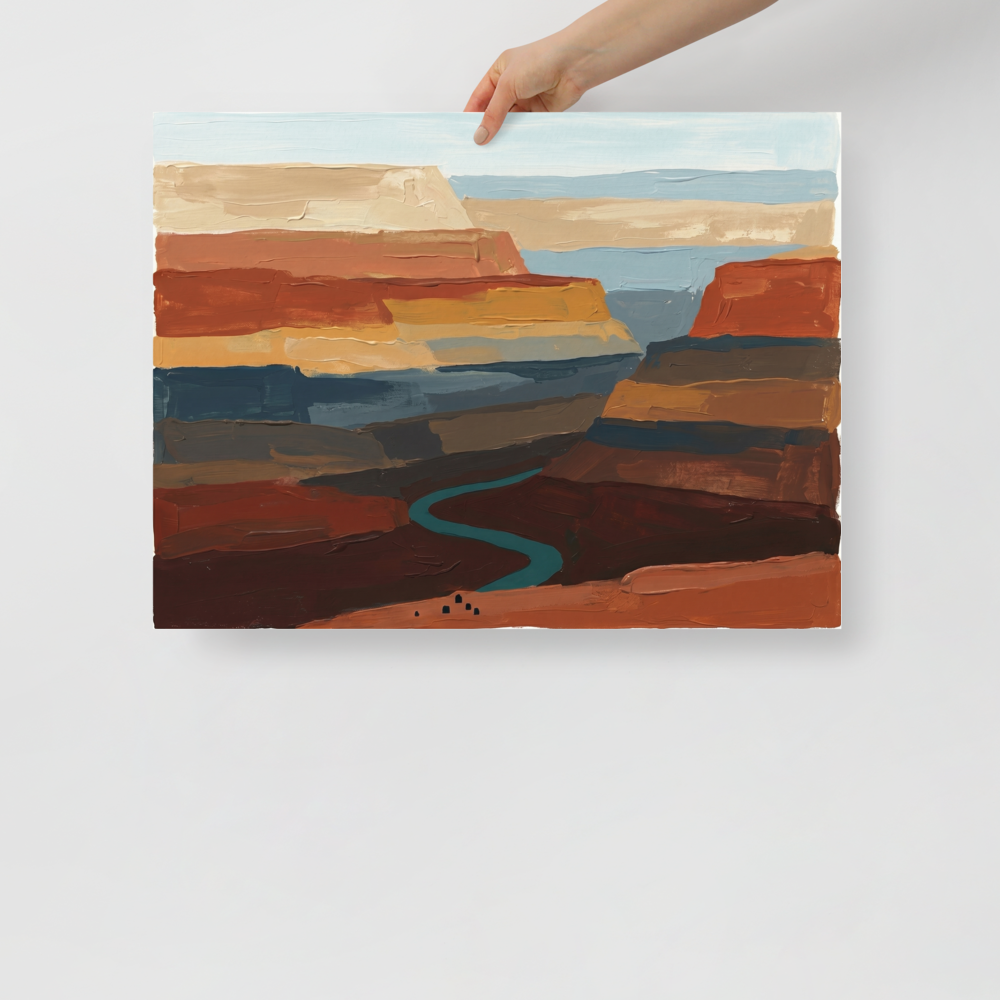 'Deep Canyon River' — a Expressionism,Impressionism print. An impasto style landscape painting of a grand canyon featuring thick horizontal brushstrokes of brown, terracotta, and ochre, with a winding turquoise river at the bottom. Great for a rustic den.