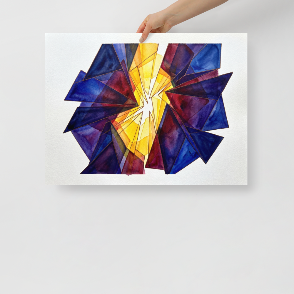 'The Long Hour' — a Abstract art print. Abstract arrangement of broken blue, red, and yellow stained glass radiating outward, ideal for a brightly lit Sunroom / Conservatory.