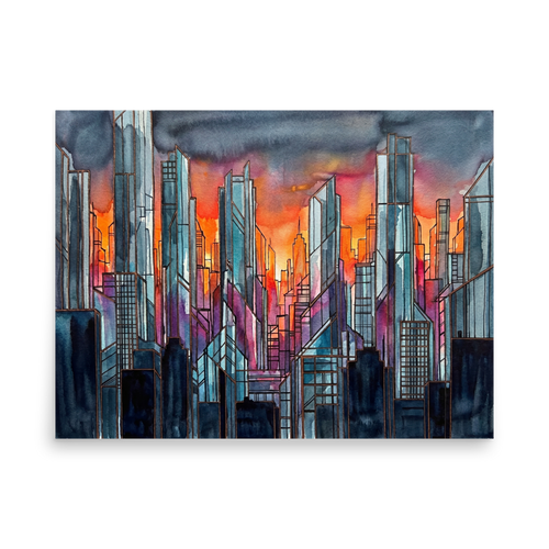 'City Skyline' — a Cubism,Abstract expressionism print. An abstract skyline of skyscrapers reflecting deep blues and fiery oranges at sunset, suited for a modern Loft / Attic.