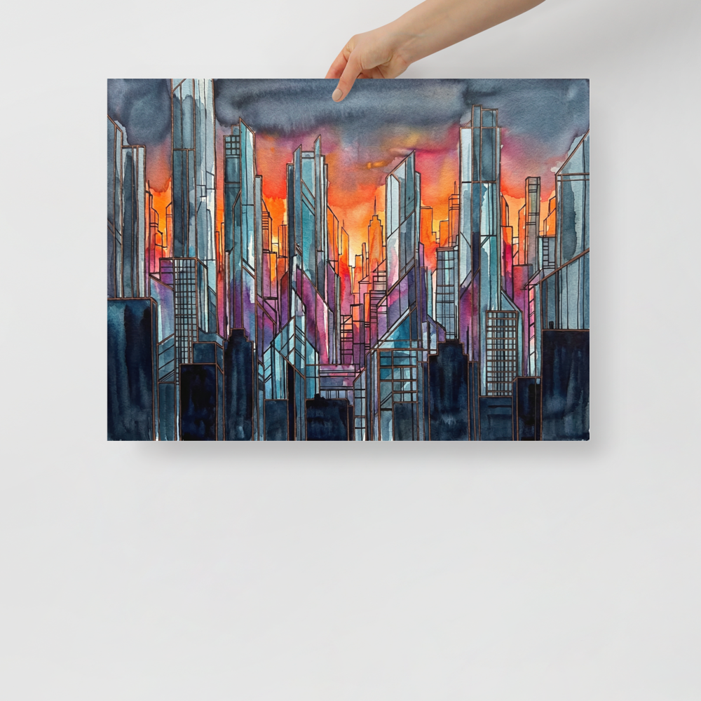 'City Skyline' — a Cubism,Abstract expressionism print. An abstract skyline of skyscrapers reflecting deep blues and fiery oranges at sunset, suited for a modern Loft / Attic.