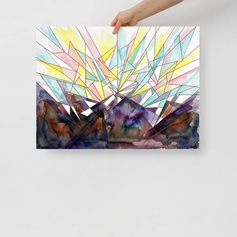 'Symphony' — a Geometric abstract art print. Abstract sunburst featuring delicate geometric shards of pastel and deep violet colors, ideal for a serene Meditation Room / Zen Space.