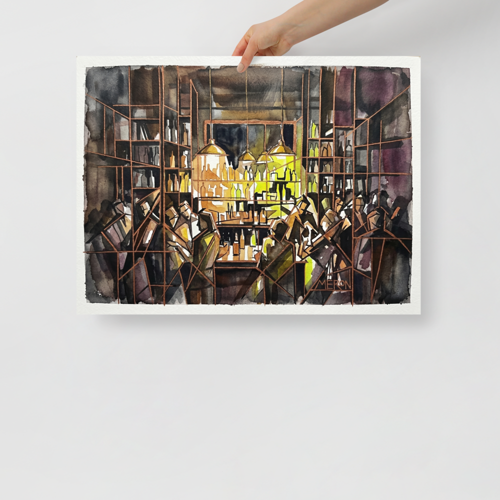 'The Bar at Midnight' — a Cubism print. A chaotic, abstract scene of patrons at a bar illuminated by an amber glow, perfect for a Home Bar / Cellar.