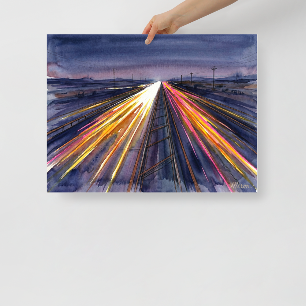 'The American Interstate' — a Futurism print. Long exposure style abstract of a highway at dusk with glowing neon light trails, suited for a Game Room or modern Living Room.