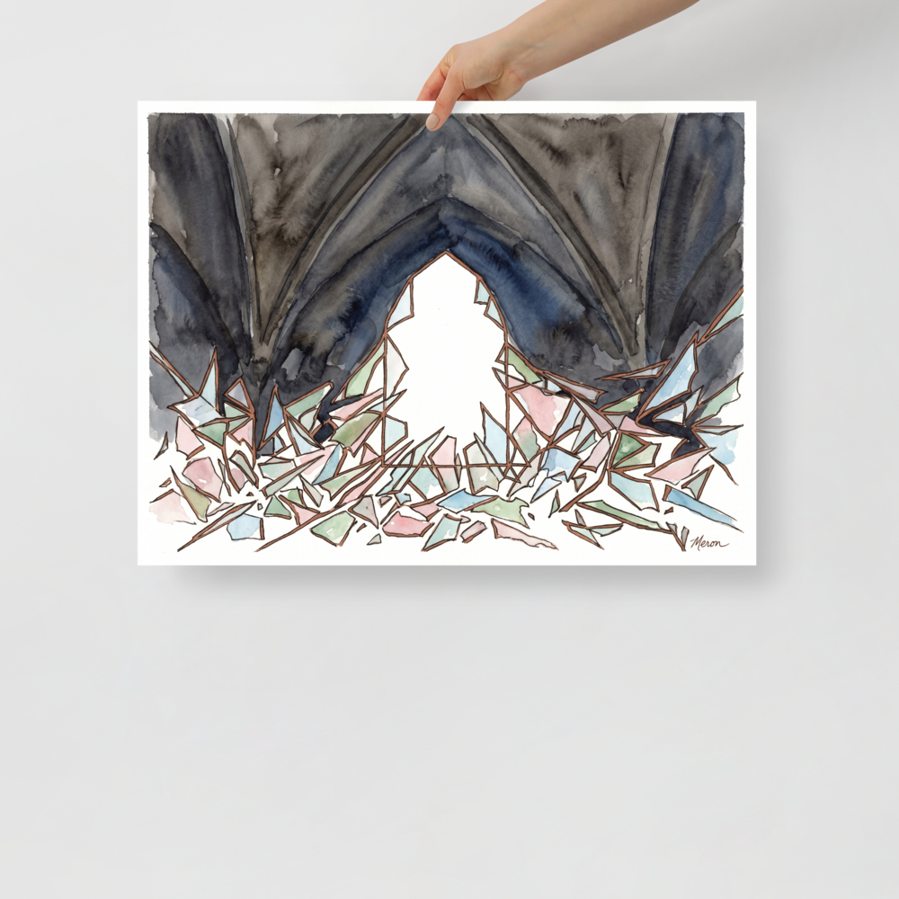 'The Shattered Window' — a Abstract expressionism print. Abstract illustration of an arched window with broken glass scattered on the ground, ideal for an Entryway or Library.