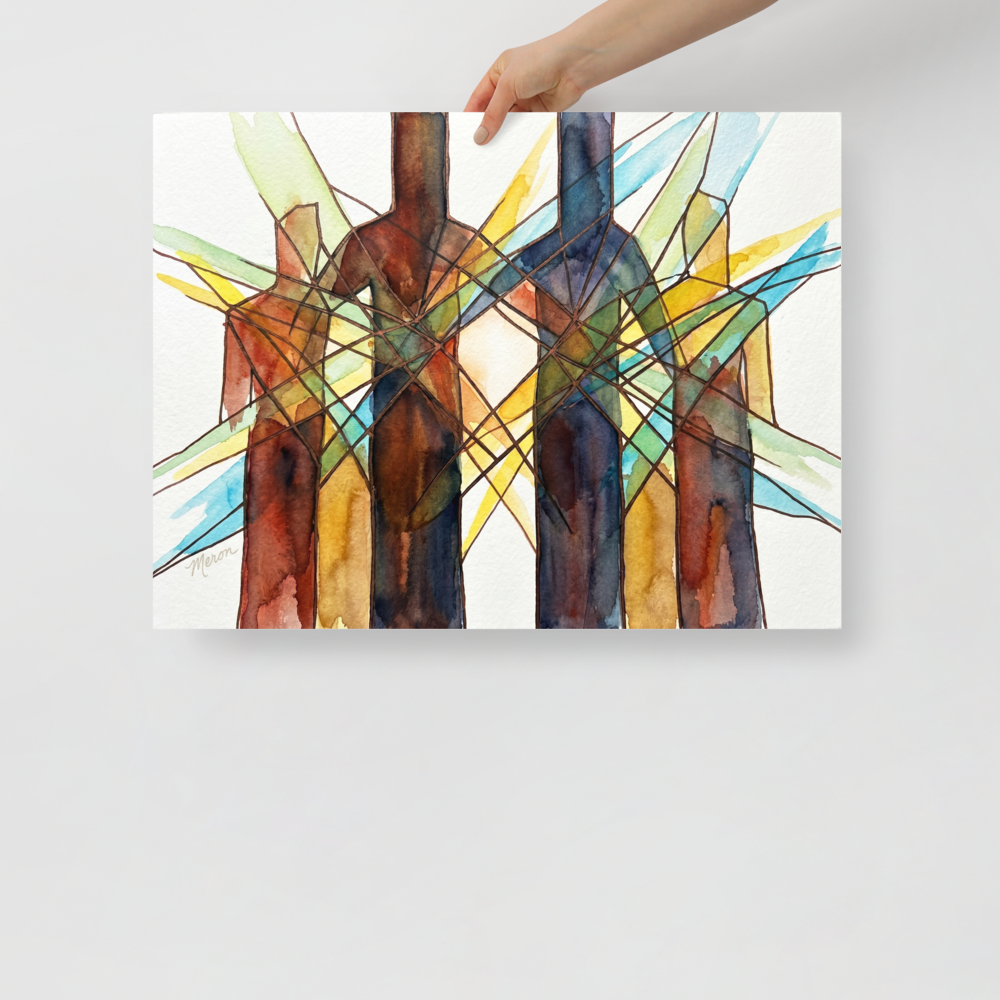 'Twin Babies Diptych' — a Geometric abstract art print. Abstract watercolor painting of two large intersecting translucent geometric pyramids, perfect for a modern Living Room or Bedroom.
