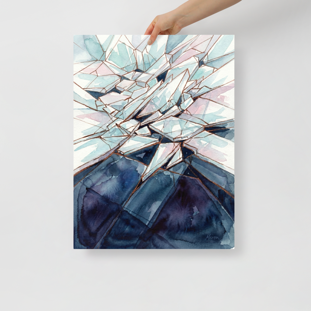 'Coastal Thunderstorm' — a Expressionism print. A watercolor painting of a massive lightning strike illuminating a dark coastal scene and distant lighthouse, perfect for a bold Living Room.