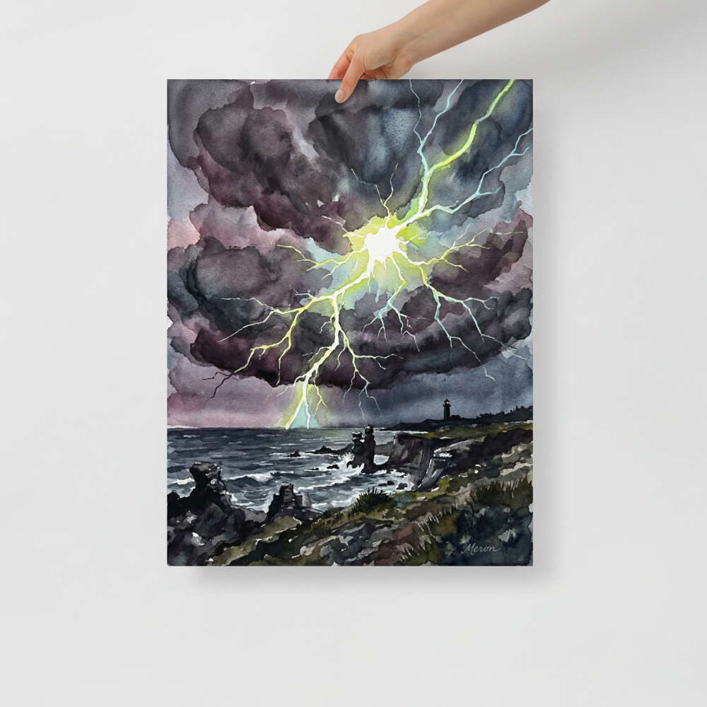 'Coastal Thunderstorm II' — a Expressionism print. A watercolor painting of a massive lightning strike illuminating a dark coastal scene and distant lighthouse, perfect for a bold Living Room.