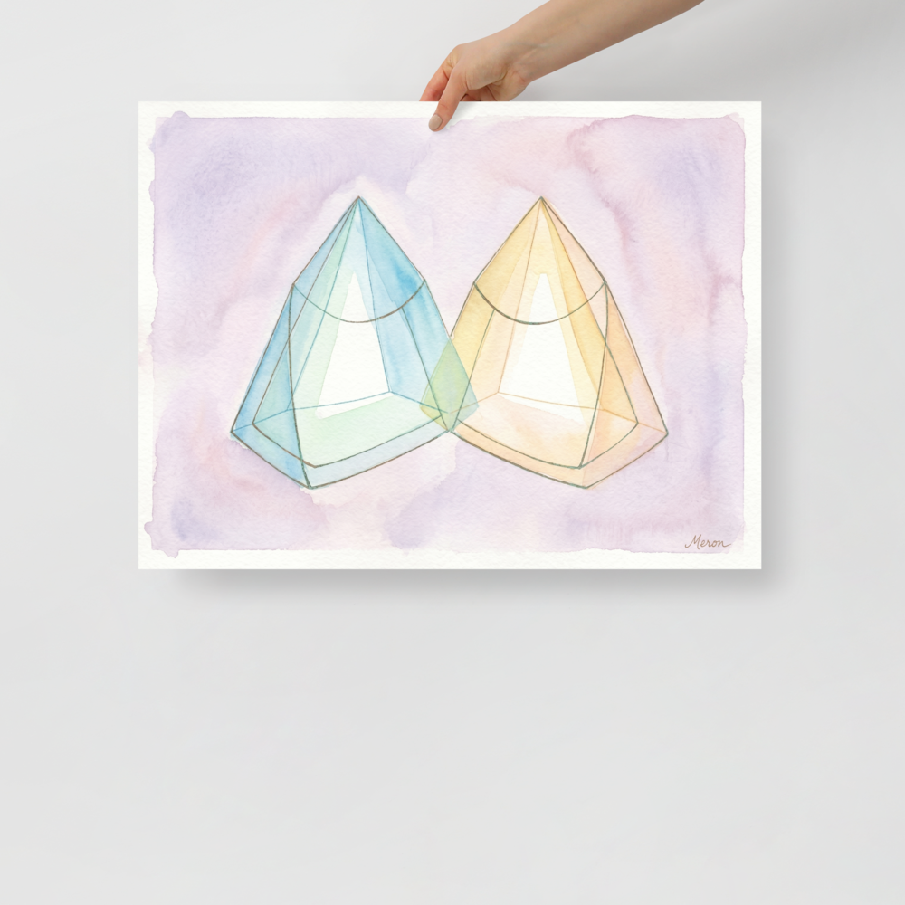 'Twin Babies Diptych' — a Geometric abstract art print. Abstract watercolor painting of two large intersecting translucent geometric pyramids, perfect for a modern Living Room or Bedroom.