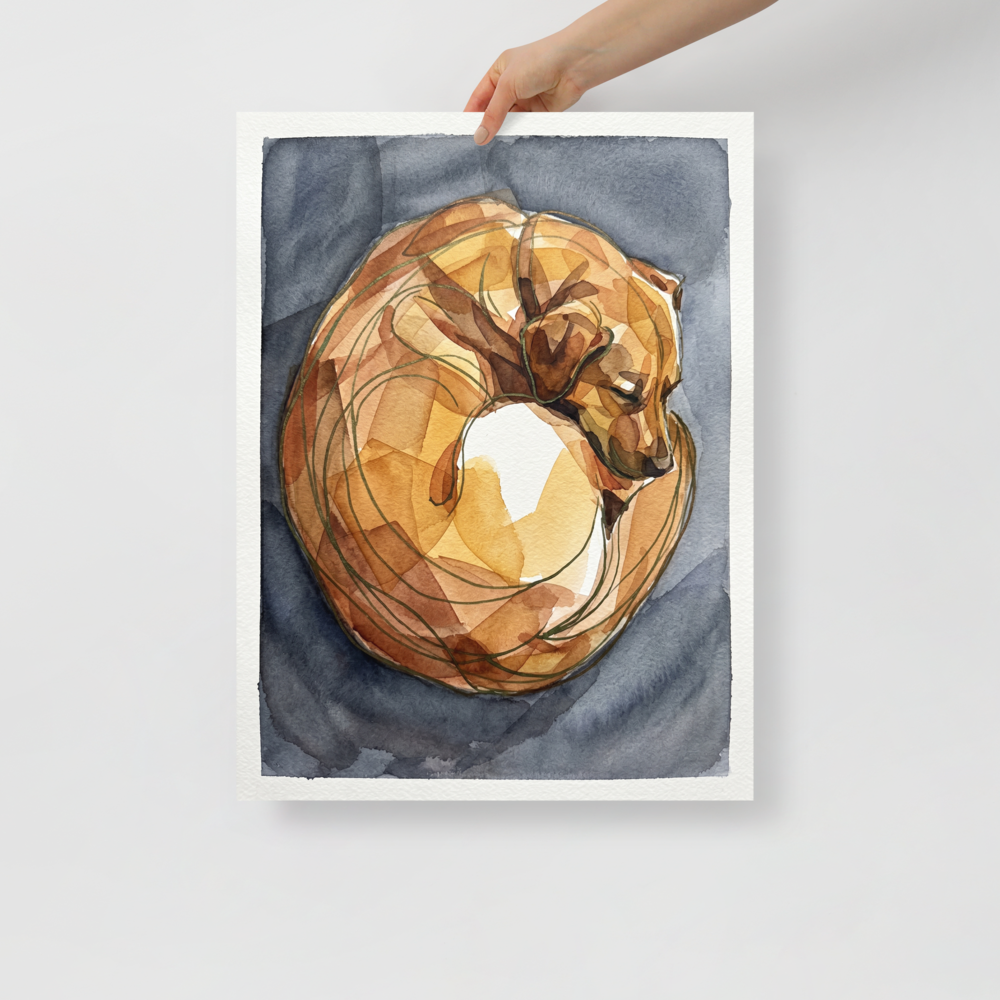 'The Sleeping Dog' — a Cubism print. A watercolor painting of a sleeping dog composed of faceted amber and brown shapes, perfect for a cozy Living Room or Bedroom.