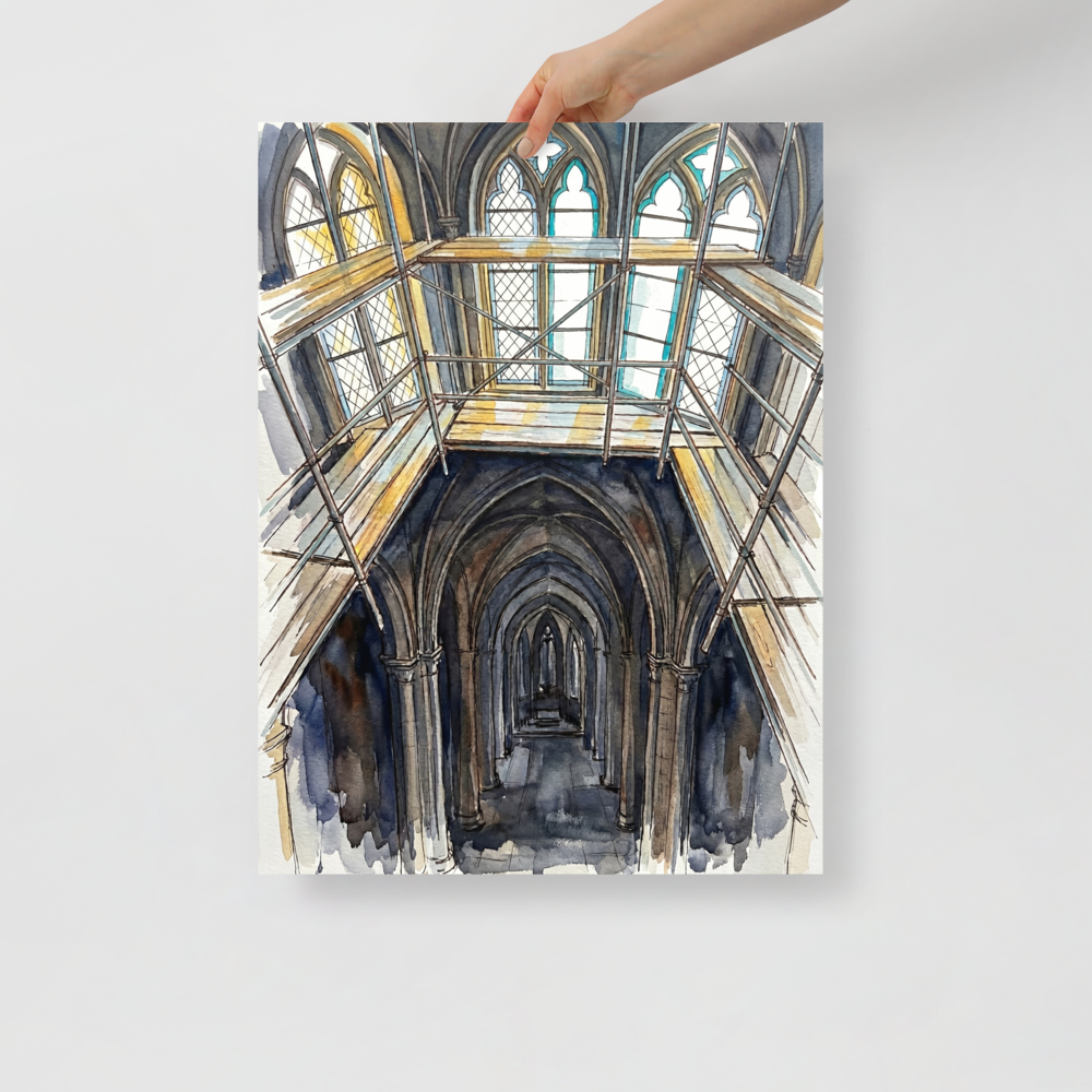 'The Scaffolding Apprenticeship' — a Realism,Abstract expressionism print. A watercolor illustration of an intricate gothic cathedral interior covered in wooden scaffolding, ideal for a Library or Office.