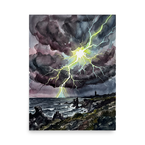 'Coastal Thunderstorm' — a Expressionism print. A watercolor painting of a massive lightning strike illuminating a dark coastal scene and distant lighthouse, perfect for a bold Living Room.