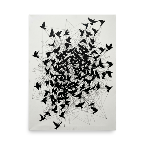 'Avian Network' — a Abstract art print. Abstract black bird silhouettes connected by intersecting lines on a white background, perfect for adding a striking modern touch to a living room.