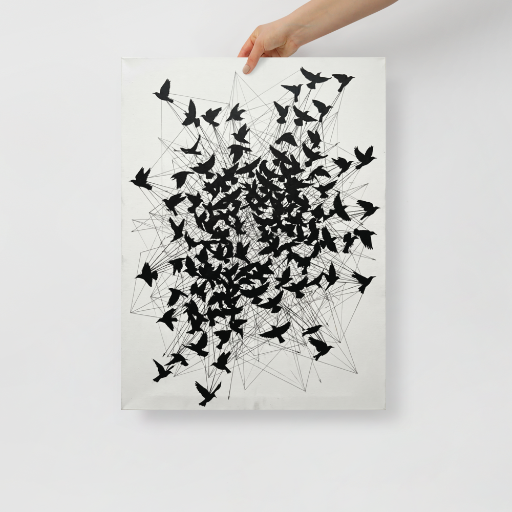 'Avian Network' — a Abstract art print. Abstract black bird silhouettes connected by intersecting lines on a white background, perfect for adding a striking modern touch to a living room.