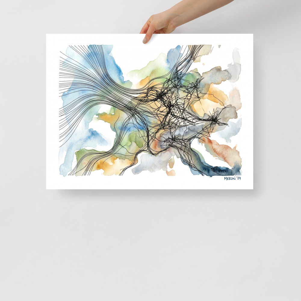 'Tangled Currents' — a Abstract art,Abstract expressionism print. Abstract watercolor painting with soft blue and green washes overlaid by a chaotic tangle of fine black ink lines, ideal for a tranquil bedroom.