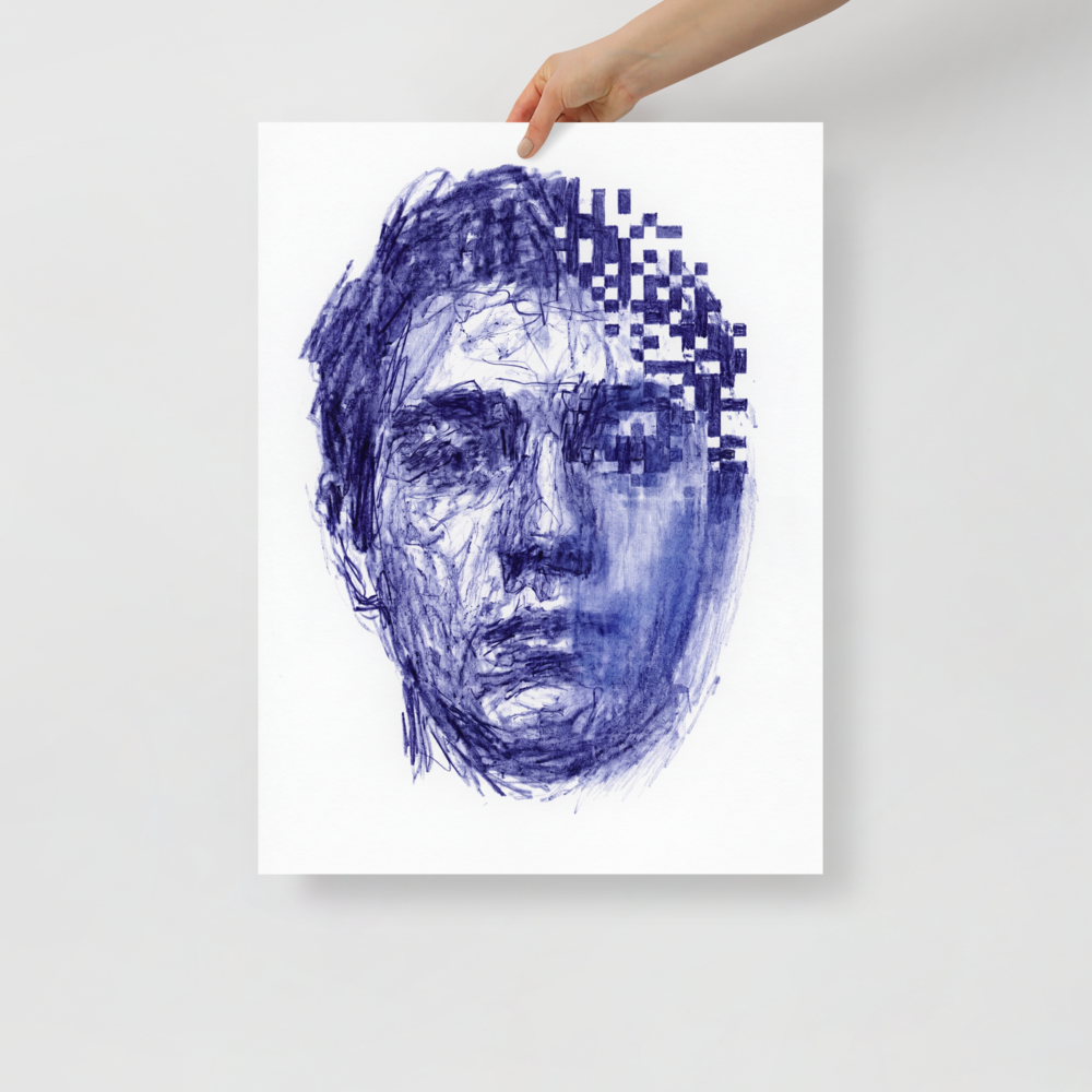 'Digital Dissolution' — a Glitch art,Surrealism print. Surreal blue ink portrait of a face partially disintegrating into digital pixels, a thought-provoking addition to an office or game room.