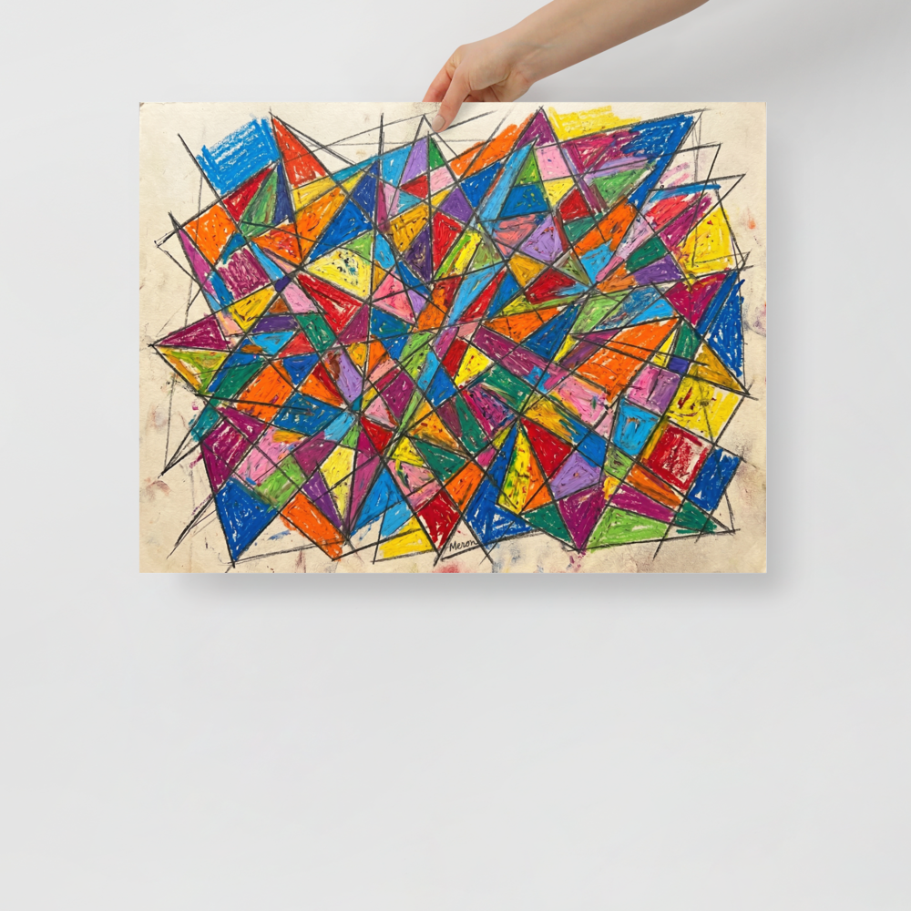 'Prismatic Chaos' — a Geometric abstract art,Cubism print. Brightly colored geometric abstract painting with intersecting triangles and thick black lines, perfect for a lively playroom.