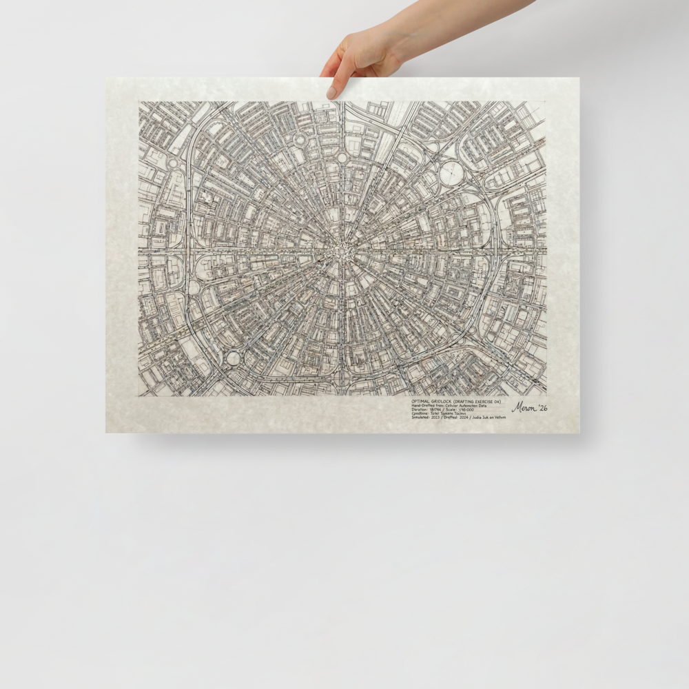 'Optimal Gridlock' — a Conceptual art,Precisionism print. Intricate hand-drawn circular city map with radiating streets, an absorbing architectural piece perfect for an office or library.