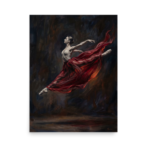 'Crimson Leap' — a Classical Realism,Romanticism print. Classical oil painting of a leaping ballerina with a flowing red skirt against a dark background, an elegant piece for a bedroom or living room.