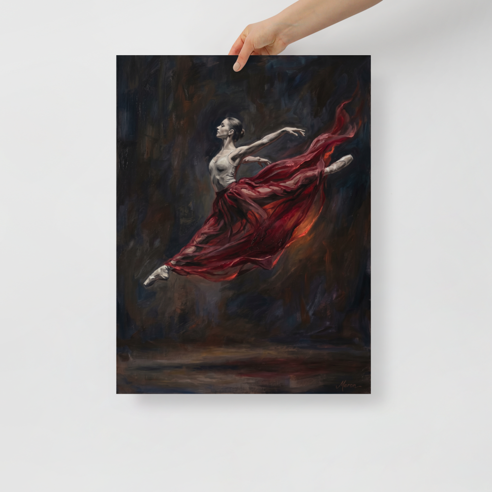 'Crimson Leap' — a Classical Realism,Romanticism print. Classical oil painting of a leaping ballerina with a flowing red skirt against a dark background, an elegant piece for a bedroom or living room.